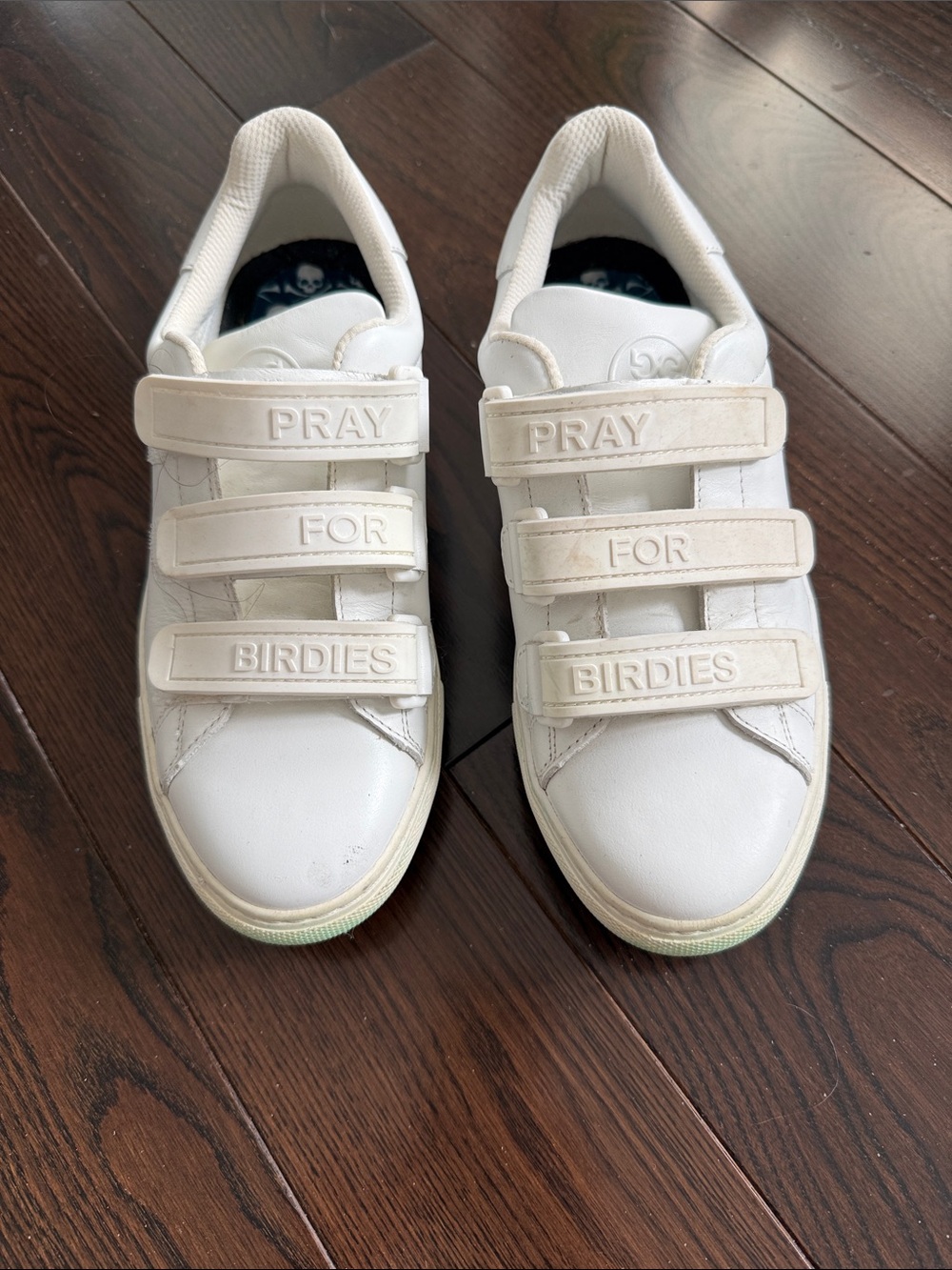G/FORE leather White Velcro golf shoes with 'PRAY FOR BIRDIES' Straps